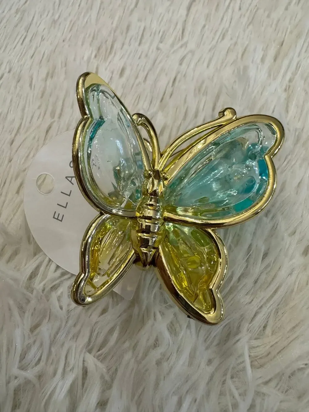 Large  blue and yellow butterfly claw clip with gold frame